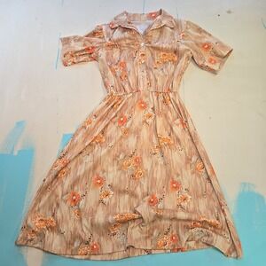 VTG 1970s Button Front Women's M Floral Midi Dress Orange USA 16"P2P 38" L 22" W
